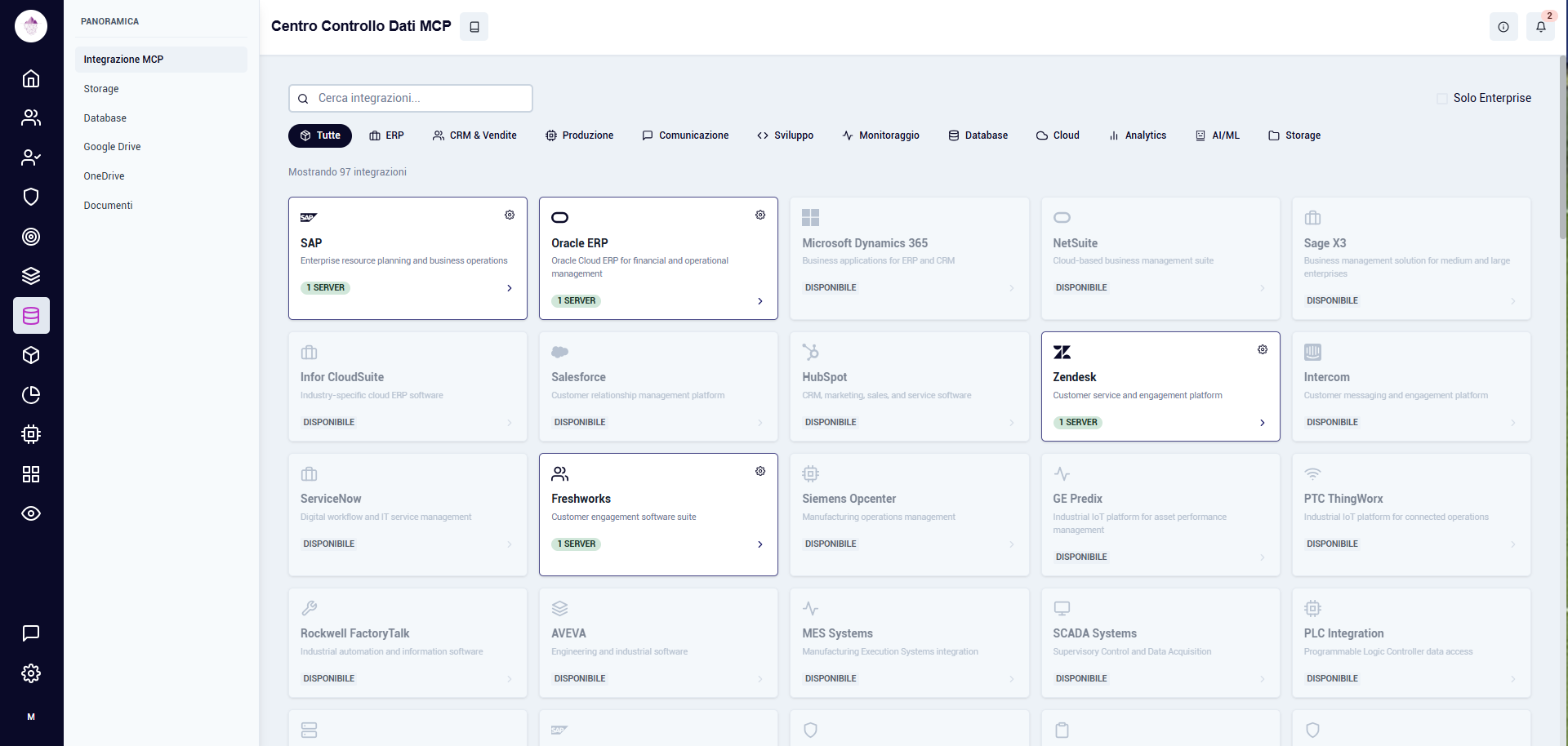 Centro Controllo Dati — Hub integrazioni ERP, CRM, database e cloud